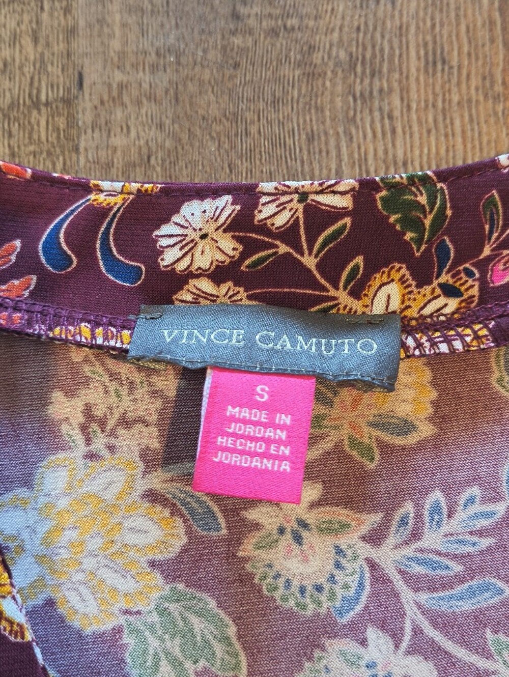 Vince Camuto Burgundy Maroon Multi Floral V-Neck Long Sleeved Office Blouse - Picture 4 of 7